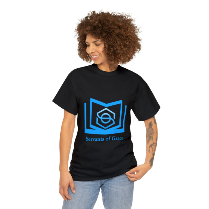 Servants of Grace - 2 Timothy 1:9 - Light Blue Font Unisex Heavy Cotton Tee - Image 3